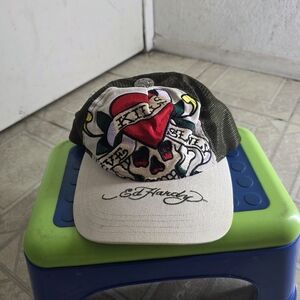 Y2K Ed Hardy Trucker  Hat  Love Kills Slowly Skull Embroidered Beige GreenUnisex